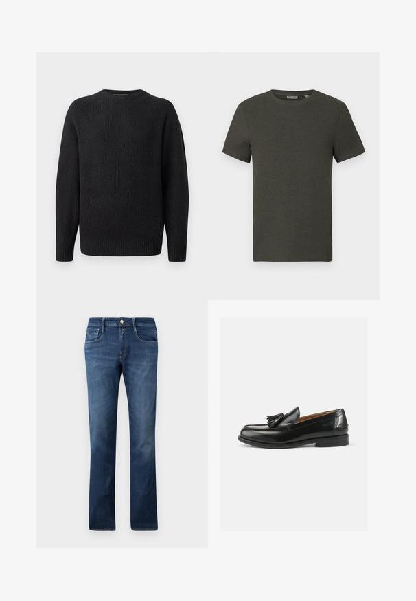 Sort strikket sweater med rund hals, ribbet tekstur og lange ærmer. Simpelt design uden synlige logoer eller udsmykninger.; Mørkegrøn kortærmet t-shirt med rund halsudskæring, lavet af ribbet materiale; har et enkelt, minimalistisk design uden mønstre.; Blå denimjeans med lige bendesign, der har forlommer, lynlås og knaplukning. Mellem vask med subtile falmede områder.; Sorte læder loafers med en kvastdetalje, en rund dramatisk tå og en glat overflade. Sålens flade design har et minimalt mønster.