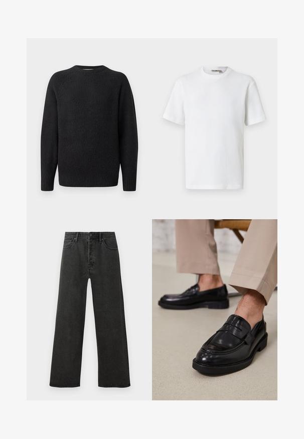 Sort strikket sweater med rund hals, ribbet tekstur og lange ærmer. Simpelt design uden synlige logoer eller udsmykninger.; Hvid kortærmet t-shirt i vaffelmønster med rund hals og et lille mærke med brandnavn inde i kraven, vist på en ensfarvet baggrund.; Sorte højtaljede lige ben jeans i denim med frontknap, lynlås og fem lomme-design på en hvid baggrund.; Sorte lædermokkasiner med en glat overflade, der har en dekorativ rem og kontraststing, parret med beige bukser.