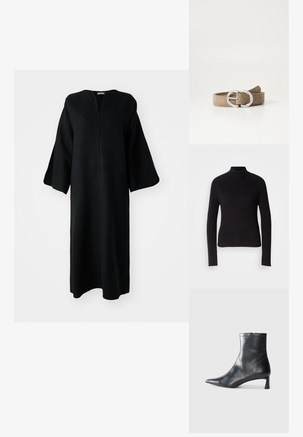 Sort rippet turtleneck sweater med lange ærmer, tætsiddende design og struktureret overflade. Fremstillet af et strækbart strikket stof.; Lang sort kjole med brede ærmer og V-udskæring, præsenteret mod en hvid baggrund.; Sort læder ankelstøvle med spids tå og et strømlinet design. Har en lav hæl og en lynlås lukning bagpå. Glat tekstur.; Beige ruskindebælte med en dobbel cirkulær spænde i sølvfarve, flad remdesign, glat overflade og klare kanter.