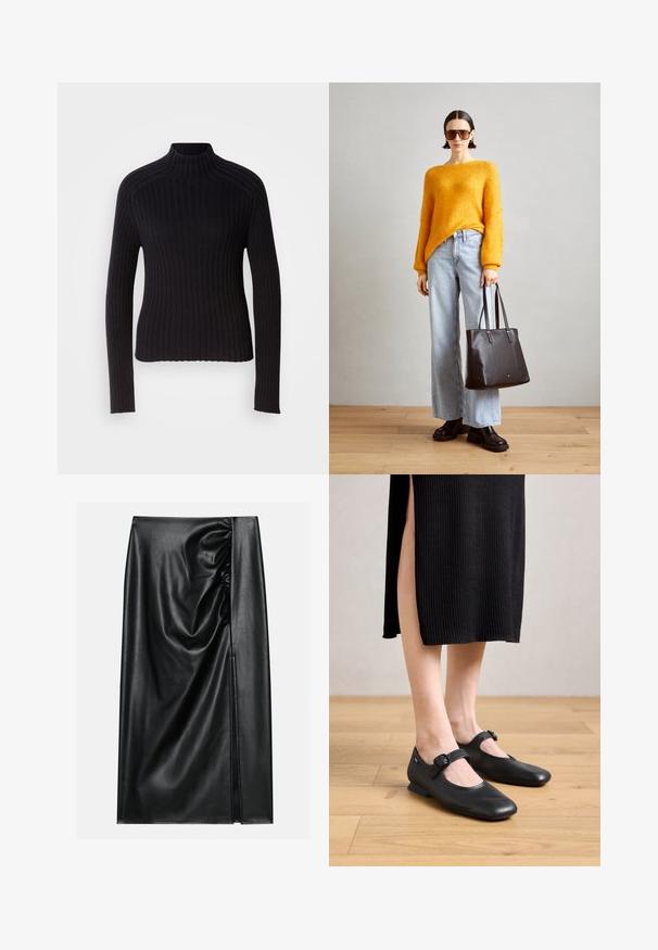 Sort rippet turtleneck sweater med lange ærmer, tætsiddende design og struktureret overflade. Fremstillet af et strækbart strikket stof.; Sort læderskirt med en glat overflade, der har en indsamlet sektion på den ene side og en skråning på siden for ekstra detaljer.; Sorte læder Mary Jane flade sko med en lille hæl, der har en rund tå og en sidelukning. Den strukturerede design forbedrer det visuelle indtryk.; Orange striktrøje, lyseblå brede bukser, sort læder tote taske og kraftige sorte platform sko. Minimalistisk design, blød tekstur.