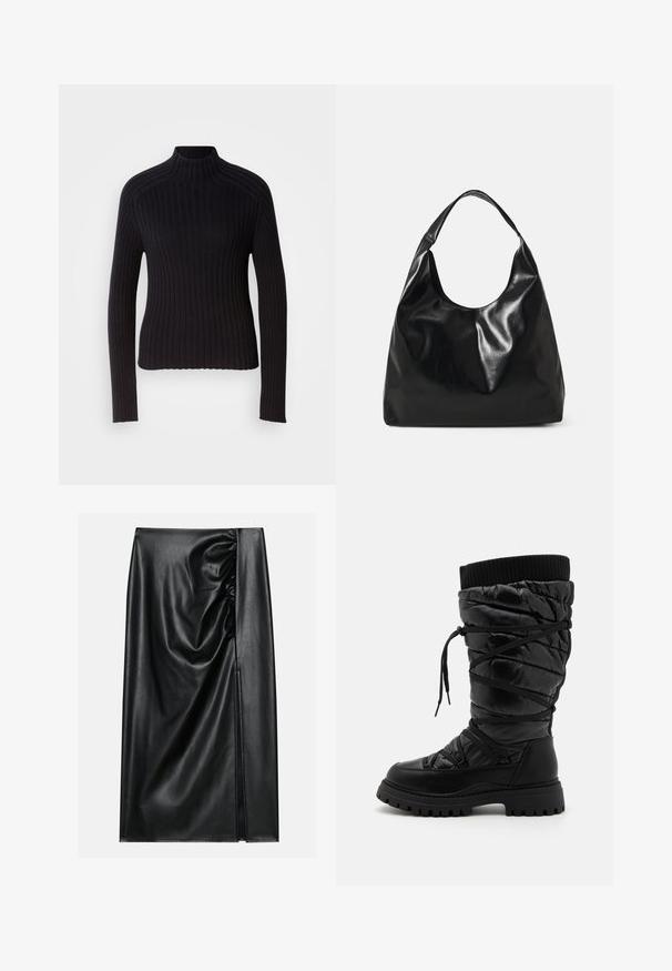 Sort rippet turtleneck sweater med lange ærmer, tætsiddende design og struktureret overflade. Fremstillet af et strækbart strikket stof.; Sort læderskirt med en glat overflade, der har en indsamlet sektion på den ene side og en skråning på siden for ekstra detaljer.; Sorte knæhøje støvler med en kviltet tekstur, der har snørebåndsdesign, kontrasterende ribbet topkant og en tyk, robust sål.; Sort læder hobo taske med en blød, skinnende tekstur og en rund, åben top. Har en bred, buet strop til bæring. Ingen synlig hardware.