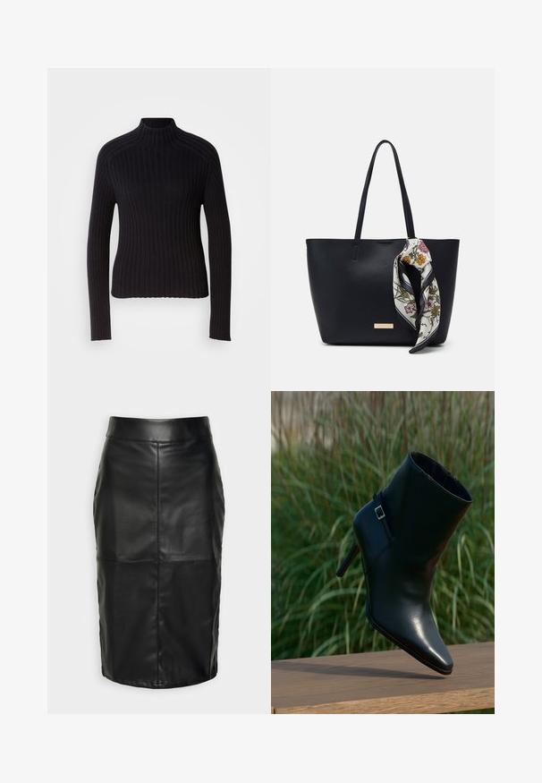 Suéter negro de cuello alto con mangas largas, diseño ajustado y superficie texturizada. Fabricado con un tejido de punto elástico.; Falda de cuero negra con una textura suave, que presenta una cinturilla alta y costuras cosidas que crean una forma estructurada y discreta.; Bota de cuero negro hasta el tobillo con puntera puntiaguda, tacón apilado, textura brillante y una correa decorativa con un detalle de hebilla plateada.; Bolso de tote de cuero negro con dos asas, decorado con una bufanda de seda floral atada en el asa y un acento metálico con el logotipo en el frente.