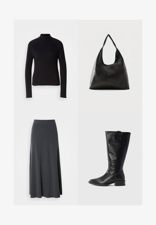 Sort rippet turtleneck sweater med lange ærmer, tætsiddende design og struktureret overflade. Fremstillet af et strækbart strikket stof.; Mørkegrå maxi-nederdel lavet af blødt, strækbart stof. Har en høj talje og en svævende design med diskrete sidesømme for form.; Sort læderstøvle til knæet med glat tekstur, firkantet tå, kort blokhæl og en trækflig bagpå for nem påtagning.; Sort skuldertaske i glat læder med en bred, enkelt strop og et afslappet, minimalistisk design mod en ensfarvet baggrund.