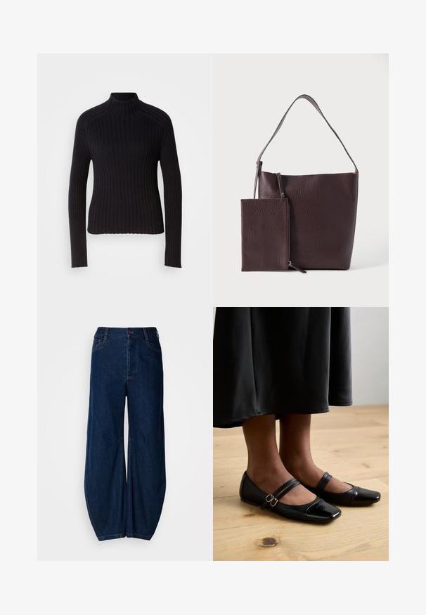 Zwarte geribbelde coltrui met lange mouwen, aansluitend ontwerp en gestructureerd oppervlak. Gemaakt van een rekbare brei-stof.; Donkerblauwe denim wijde broek met hoge taille, knoopsluiting en twee voorzakken. Heeft een gladde textuur en zichtbare stiksels.; Zwarte gepatineerde leren ballerina's met een vierkante neus, voorzien van twee banden met gespen. De zolen zijn plat op een lichte houten vloer.; Paarse leren totebag met een gestructureerde afwerking, voorzien van een brede band en een afneembaar ritstasje met dezelfde structuur en kleur.