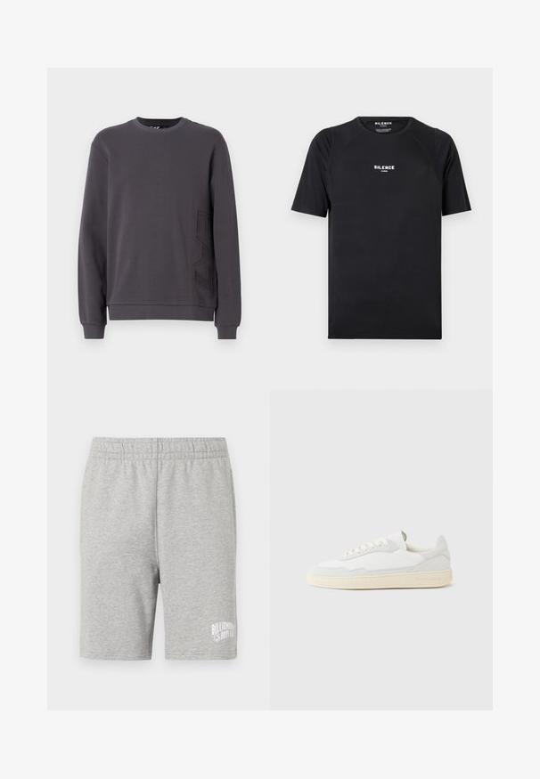Grijze sweatshirt gemaakt van zacht materiaal met een ronde halslijn, lange mouwen en een reliëf logo detail aan de linkeronderzijde.; Zwarte t-shirt met korte mouwen van soepel materiaal, met een ronde hals en een wit "SILENCE" logo op de borst.; Grijze katoenen shorts met een elastische tailleband en een wit logo aan de onderzijde rechts. Zachte textuur, knielange pasvorm.; Witte sneaker met een bovenwerk van gestructureerd suède en leer. Voorzien van een afgeronde neus, vetersluiting en een contrasterende beige rubberen zool.