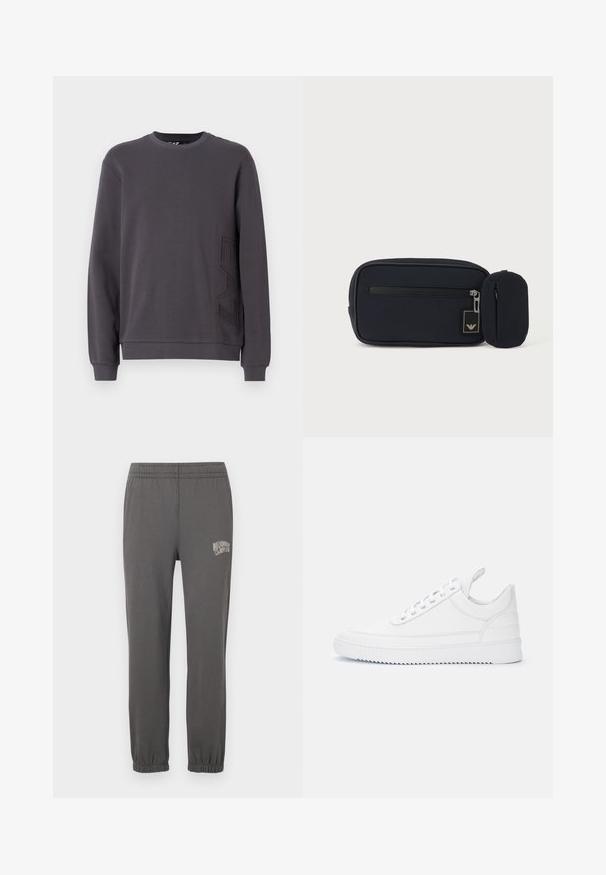 Grijze sweatshirt gemaakt van zacht materiaal met een ronde halslijn, lange mouwen en een reliëf logo detail aan de linkeronderzijde.; Grijze sweatpants met een elastische tailleband, taps toelopende boorden en een klein wit logo met de tekst "Billionaire Boy Club" op de linker dij.; Witte lage sneaker met vetersluiting, doorgestikte details, trekfolie bij de hiel en een geribbelde zool op een effen lichte achtergrond.; Zwart rechthoekig tasje met ritssluiting aan de voorkant en een klein aangehecht afgerond tasje, tegen een effen lichte achtergrond.