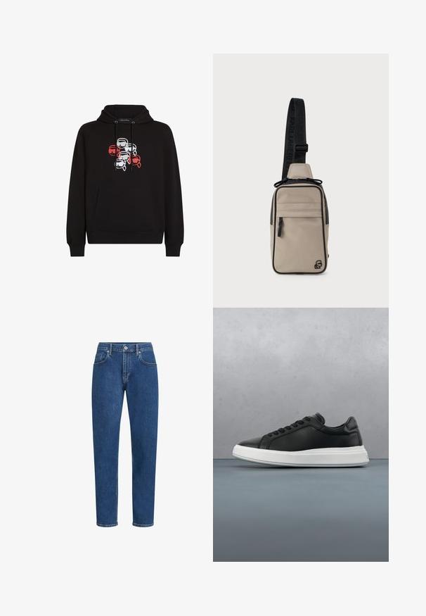 Sudadera negra de mezcla de algodón, con un bolsillo frontal. El diseño incluye siete rostros en rojo, blanco y negro en el pecho.; Vaqueros de mezclilla azul con un corte recto, diseño de cinco bolsillos, costuras sutiles y un cierre de botón en la cintura.; Deportivas de cuero negro con un acabado suave, suela de goma blanca, forma redondeada, seis ojales para los cordones y un diseño sutil en el talón.; Bolso de hombro beige y holgado hecho de tela, con una correa negra con logo, compartimentos con cremallera y un emblema sutil en la parte frontal.