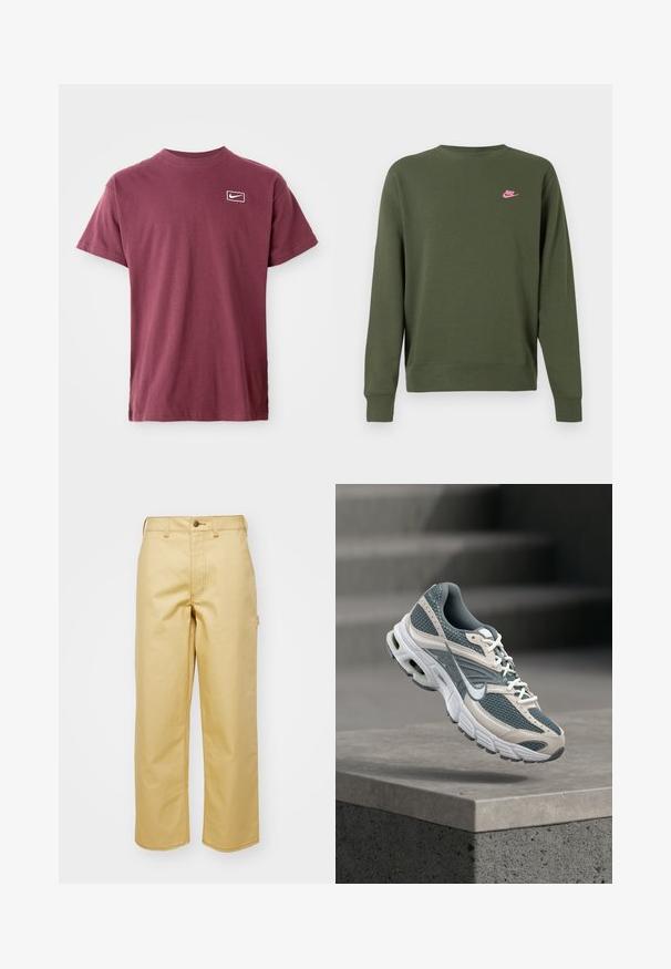 Groene sweatshirt van een katoenmix, met een ronde hals, lange mouwen en een roze Nike-logo op de linkerborst.; Bordeaux kortemouwen T-shirt met ronde hals en een klein wit Nike swoosh-logo binnen een afgeronde rechthoek op de linkerborst.; Beige, wijde broek van katoen met een sluiting aan de voorkant, riemlussen en zijzakken. Soepele textuur met zichtbare stikdetails.; Grijze en witte Nike hardloopschoen met mesh bovenwerk en gedempte zool zweeft boven een betonnen richel tegen een wazige grijze achtergrond.