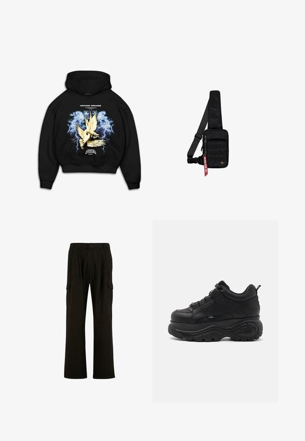 Čierna mikina s kapucňou s grafickou potlačou holubov na búrlivom modrom pozadí s bleskami. Text znie "VINTAGE DREAMS."; Urban Classics WIDE - Kapsáče - black; Čierne kožené chunky tenisky s hrubou gumovou podrážkou, štýlovým dizajnom a textúrovanými detailmi. Obsahujú šnúrky a pútko na päte.; Čierna taška cez rameno z textúrovanej tkaniny. Má hlavný oddiel so zipsom, predné vrecko s popruhom, nastaviteľný remienok a dekoračnú visačku.