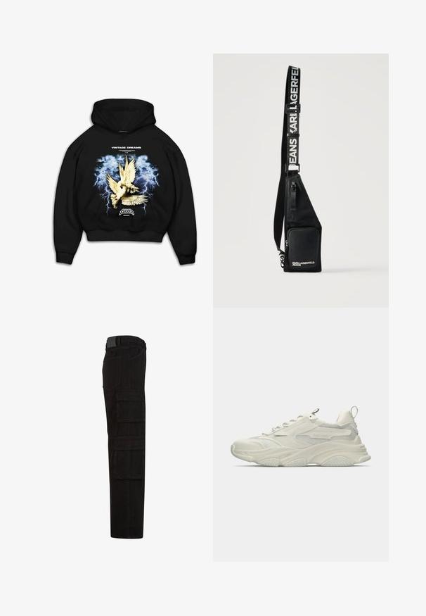 Sweat-shirt à capuche noir avec un imprimé graphique de colombes sur un fond bleu orageux avec des éclairs. Le texte indique "RÊVES VINTAGE."; Pantalon cargo noir avec plusieurs grandes poches à rabat, passants de ceinture, et une coupe droite, vu de côté.; Baskets blanches épaisses avec accents en mesh, semelle en caoutchouc texturée et forme arrondie. Présente un marquage minimal et une languette de tirage à l'arrière.; Sac bandoulière noir avec poche à zip avant et sangle réglable imprimée de "KARL LAGERFELD JEANS" en lettres blanches.