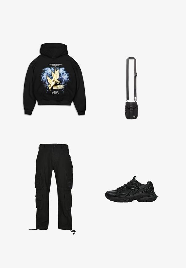 Schwarzer Kapuzenpullover mit einem grafischen Druck von Tauben vor einem stürmischen blauen Hintergrund mit Blitz. Der Text lautet "VINTAGE DREAMS."; Schwarze Cargo-Hosen aus strapazierfähigem Material, mit mehreren Seitentaschen, lässiger Passform und verstellbaren Fußgelenkriemen.; Schwarzer Sportschuh mit Mesh- und synthetischem Obermaterial, dicker gepolsterter Sohle und Schnürverschluss, seitlich auf weißem Hintergrund gezeigt.; Schwarze Stoff-Crossbody-Tasche mit verstellbarem Riemen, Klappe vorne und Reißverschlusstasche. Mit gebrandeten Beschlägen und kompaktem rechteckigem Design.