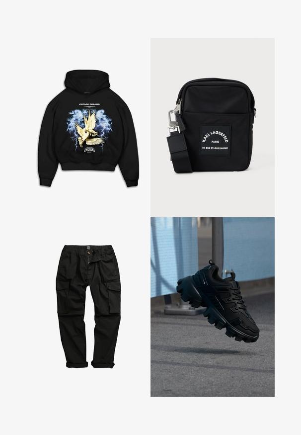 Sudadera negra con capucha que presenta un estampado gráfico de palomas sobre un fondo azul tormentoso con rayos. El texto dice "VINTAGE DREAMS."; Pantalones cargo negros fabricados en una mezcla de algodón. Presentan múltiples bolsillos, una cinturilla elástica y un diseño de pierna ligeramente ajustado.; Zapatilla negra y gruesa con suela de taco grueso flotando sobre un pavimento gris, con un fondo desenfocado azul claro y gris.; Bolsa cruzada de nailon negra con forma rectangular, presenta una etiqueta en el parche frontal, herrajes plateados y una correa ajustable.