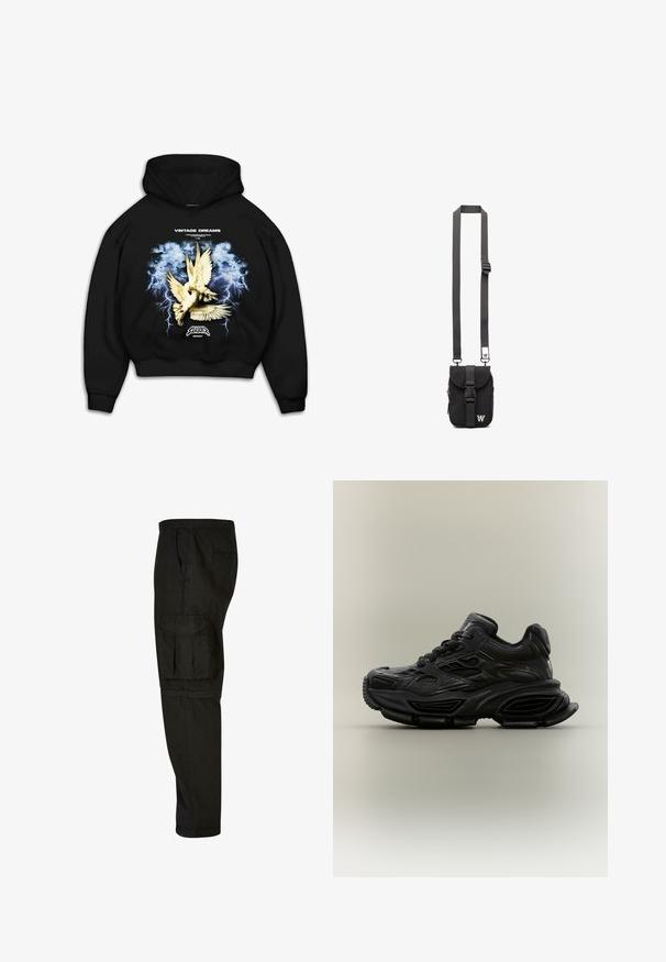 Zwarte hoodie met een grafische print van duiven tegen een stormachtige blauwe achtergrond met bliksem. Tekst leest "VINTAGE DREAMS."; Zwarte cargobroek met een relaxte pasvorm, elastische tailleband, zijzakken en een grote cargozak op de dij. Zacht, lichtgewicht stof.; Zwarte chunky sneaker met textuurontwerp, dikke zool en vetersluiting, weergegeven tegen een eenvoudige neutrale achtergrond.; Zwarte stoffen schoudertas met een verstelbare strap, voorflap en een ritsvak. Heeft merkhardware en een compacte rechthoekige vorm.
