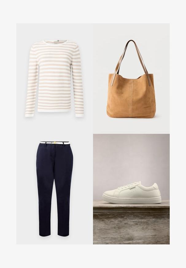 Camiseta de manga larga a rayas en beige y blanco, confeccionada en una tela texturizada con cuello redondo y dobladillo recto.; Chinos navy de corte slim, fabricados en algodón, con un cinturón blanco que presenta una hebilla en tono dorado. Textura suave, piernas rectas, diseño minimalista.; Zapatilla blanca de cuero con cordones flotando sobre un banco de madera, con hierba alta verde desenfocada al fondo en un entorno al aire libre.; Bolso tote de ante color bronceado con largas asas de cuero marrón claro, textura suave y costuras sencillas sobre un fondo blanco liso.