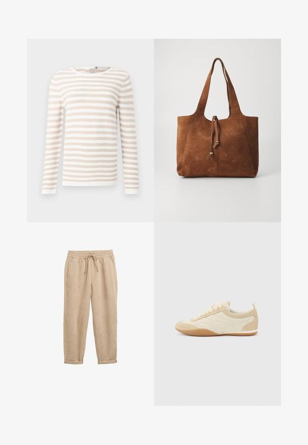 T-shirt à manches longues rayé en beige et blanc, fabriqué en tissu texturé avec un col rond et un ourlet droit.; Pantalons en velours côtelé beige avec une taille élastique et un cordon de serrage, présentant une texture côtelée verticale et des jambes fuselées.; Baskets décontractées beiges et écru à lacets, avec des accents en daim et une semelle en caoutchouc gomme, vues de côté extérieur sur un fond uni.; Sac fourre-tout en daim marron avec deux longues poignées, fermeture à cordon et texture lisse. Présente un design simple et des accents minimaux.
