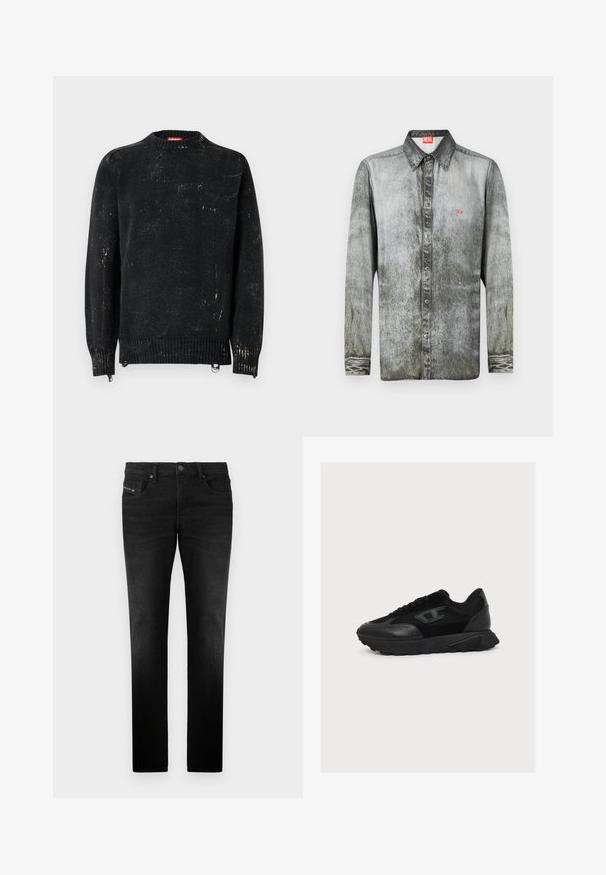 Sort strikket sweater med rund hals, ribbede manchetter og kant. Har en slidte tekstur med lysere mærker. Sidelommer med lynlåse til justering.; Langærmet skjorte i falmet grå denim med button-down krave, som har et lille rødt logo på brystet og struktureret stof.; Sorte jeans lavet af denim med lige pasform, der har forlommer og metalknaplukning, glat tekstur og subtile sydetaljer.; Sort lavtop sneaker med blandet mesh- og læderoverdel, snørelukning og tekstureret sål, vist i højre sideprofil på hvid baggrund.