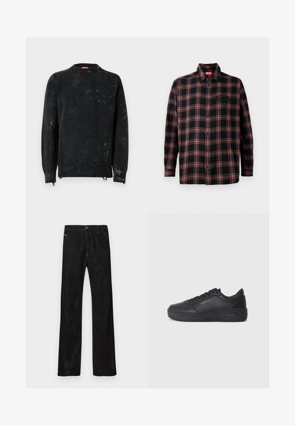 Suéter negro tejido con cuello redondo, puños y dobladillo acanalados. Presenta una textura desgastada con marcas más claras. Cremalleras laterales para ajuste.; Camisa de cuadros negra y roja con botones en el frente, mangas largas y una etiqueta en el cuello. Presenta costuras de contraste y un bolsillo de parche.; Pantalones de pana negros con un diseño de pierna recta, con cierre de botón, branding sutil y dos bolsillos frontales. Textura suave y color sólido.; Replay EPIC HIGH - Zapatillas - black