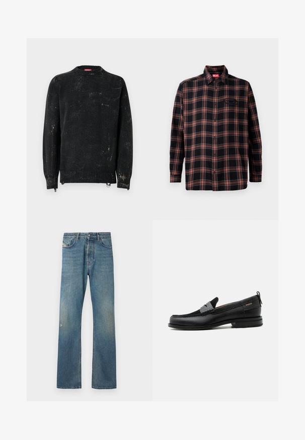 Sort strikket sweater med rund hals, ribbede manchetter og kant. Har en slidte tekstur med lysere mærker. Sidelommer med lynlåse til justering.; Sort og rød ternet skjorte med knaplukning foran, lange ærmer og et mærke på kraven. Har kontrastsying og en lomme på brystet.; Blå denimjeans med et lige ben-design, der har en let falmning, forlommer og en knaplukning i taljen.; Sort læderloafer med grå remdetalje, lav hæl og tekstureret sål, mærket med "HUGO" i guld på siden.