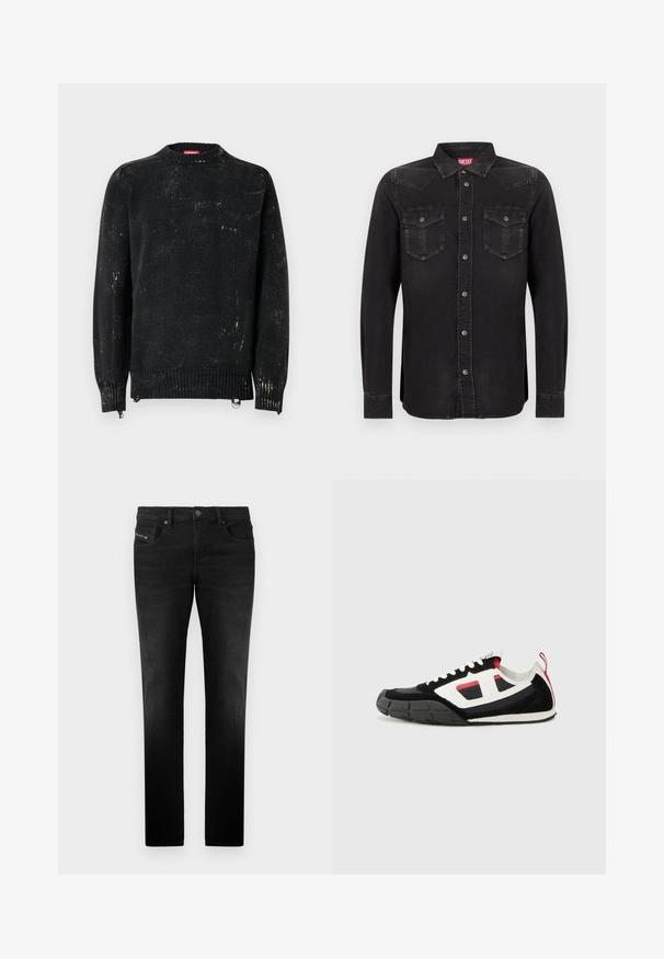 Sort strikket sweater med rund hals, ribbede manchetter og kant. Har en slidte tekstur med lysere mærker. Sidelommer med lynlåse til justering.; Sort denim langærmet skjorte med trykknapper, spids krave og to forlommer. Har en let glans og kontrastsyning.; Sorte jeans lavet af denim med lige pasform, der har forlommer og metalknaplukning, glat tekstur og subtile sydetaljer.; Diesel S PAGODHA LOW - Sneakers - black