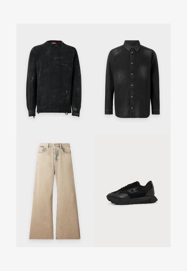 Sort strikket sweater med rund hals, ribbede manchetter og kant. Har en slidte tekstur med lysere mærker. Sidelommer med lynlåse til justering.; Sort denimskjorte med button-down krave, lange ærmer og frontlukning med knapper. Har diskret falmning og en skræddersyet pasform.; Beige brede jeans med falmet tekstur, fem-lomme design og syet detaljering langs sømmene. Midjebåndet har en traditionel knaplukning.; Sort lavt snøresko med struktureret sål, mesh- og læderoverdel, snørebånd foran og et lille præget logo på sidepanelet.