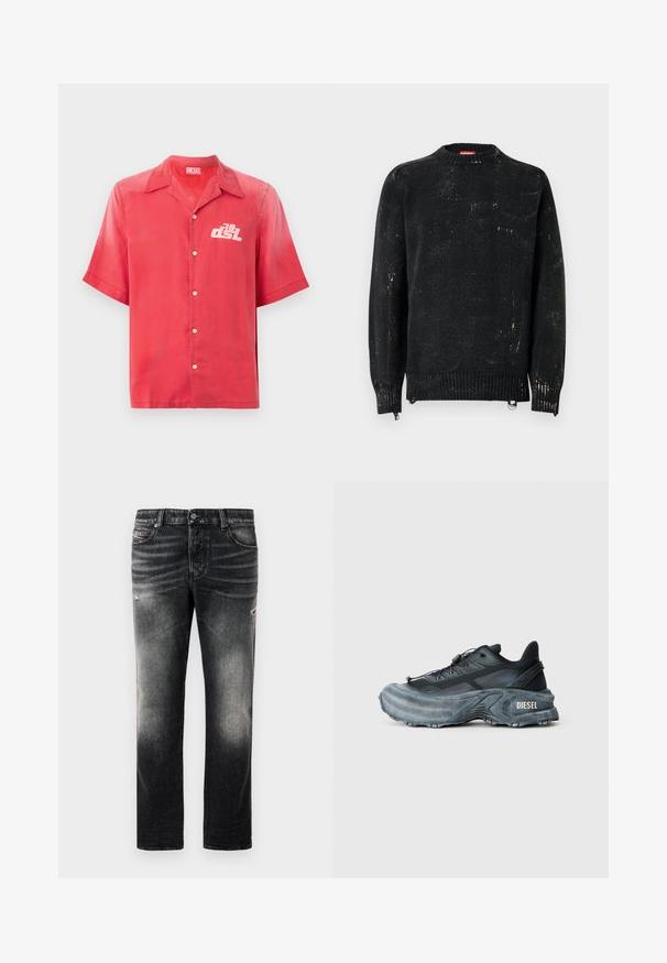 Sort strikket sweater med rund hals, ribbede manchetter og kant. Har en slidte tekstur med lysere mærker. Sidelommer med lynlåse til justering.; Kortærmet rød skjorte med knapper i et glat stof. Har en krave og et hvidt logo på venstre bryst. Enkel design, uden mønstre.; Sorte jeans med en falmet finish og slidte detaljer, standard fem-pockets design og lynlås. Lavet af denim stof.; Sort og grå Diesel sneakers med tyk sål, snørrebåndslukning og tekstureret design på en ensfarvet lysegrå baggrund.