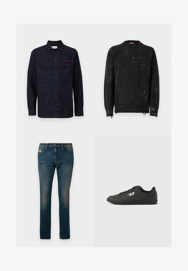 Sort strikket sweater med rund hals, ribbede manchetter og kant. Har en slidte tekstur med lysere mærker. Sidelommer med lynlåse til justering.; Mørkeblå denimskjorte med lange ærmer, knaplukning foran, to brystlommer og et lille rødt "REPLAY" logo på den venstre lomme.; Mørkeblå jeans lavet af denim, med fem lommer, en knaplukning og let falming langs lårerne for et slidt udseende.; Sorte syntetiske sneakers med en struktureret sort sål, rund tå og flade sorte snørebånd. Fremtrædende hvidt logo på ydersiden.