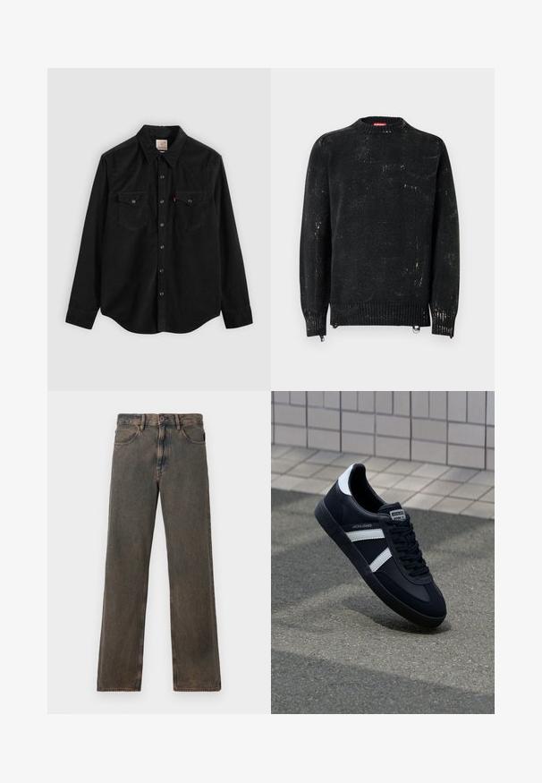 Suéter negro tejido con cuello redondo, puños y dobladillo acanalados. Presenta una textura desgastada con marcas más claras. Cremalleras laterales para ajuste.; Camisa de pana negra con mangas largas, cierre de botones, dos bolsillos en el pecho y cuello puntiagudo. Tejido texturizado con un acabado suave.; Jeans rectos de lavado marrón con bolsillos frontales, cierre de botón y presillas para cinturón, exhibidos sobre un fondo blanco.; Zapatilla de cuero negra con rayas blancas, suela de goma texturizada y parte frontal con cordones. Cuenta con una etiqueta de marca en la lengüeta.