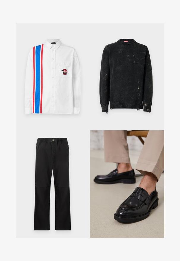 Sort strikket sweater med rund hals, ribbede manchetter og kant. Har en slidte tekstur med lysere mærker. Sidelommer med lynlåse til justering.; Hvid skjorte med knapper, der har et blåt og rødt stribedesign på den ene side og et sort broderet hjelm-patch på brystlommen.; Sorte bukser lavet af bomuld med elastisk talje, med et lige ben-design, glat tekstur og uden synlige detaljer eller mønstre.; Sorte lædermokkasiner med en glat overflade, der har en dekorativ rem og kontraststing, parret med beige bukser.