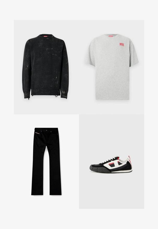 Sort strikket sweater med rund hals, ribbede manchetter og kant. Har en slidte tekstur med lysere mærker. Sidelommer med lynlåse til justering.; Grå bomuld t-shirt med rund hals og korte ærmer. Har et lille rødt "DIESEL" logo på brystet. Glat tekstur.; Sorte straight-leg jeans med frontknap og lynlås, for- og baglommer samt en hvid etiket synlig i den højre forlomme.; Diesel S PAGODHA LOW - Sneakers - black
