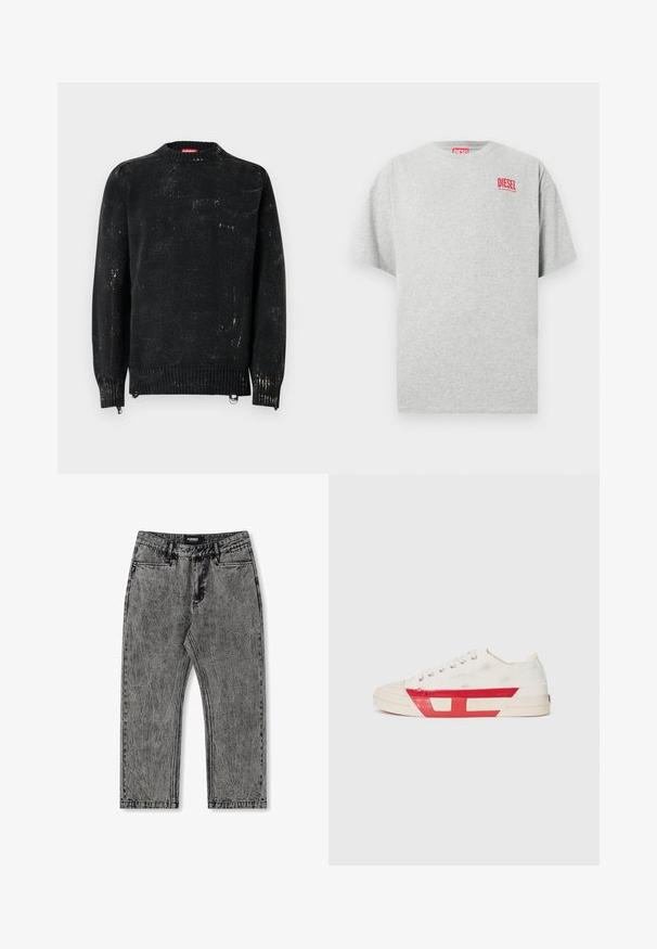 Sort strikket sweater med rund hals, ribbede manchetter og kant. Har en slidte tekstur med lysere mærker. Sidelommer med lynlåse til justering.; Grå bomuld t-shirt med rund hals og korte ærmer. Har et lille rødt "DIESEL" logo på brystet. Glat tekstur.; Grå denim jeans med en slidset finish, lige ben og fem-lomme design. Har et label med "FORMER" på taljebåndet.; Lærreds sneakers med en hvid overdel, røde gummidetaljer og et tekstureret design. Har en rund tå og fem huller til snørebånd.