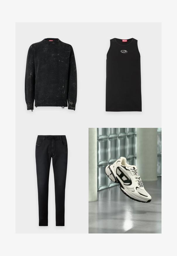Sort strikket sweater med rund hals, ribbede manchetter og kant. Har en slidte tekstur med lysere mærker. Sidelommer med lynlåse til justering.; Sort ærmeløs tanktop lavet af bomuld. Har en rund halsudskæring og en lille hvid Diesel-logo på brystet. Glat tekstur.; Sorte denimbukser med slim fit, der har en snoretræk i taljen, to forlommer og diskrete sømdetaljer. Glat tekstur.; Hvid og sort atletisk sneaker med mesh-detaljer og mønstrede snørebånd, svævende i luften i et moderne indendørs rum med glasblokke.