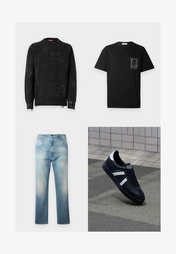 Sort strikket sweater med rund hals, ribbede manchetter og kant. Har en slidte tekstur med lysere mærker. Sidelommer med lynlåse til justering.; Sort bomulds T-shirt med korte ærmer, der har et grafisk print på venstre bryst og en lille rød detalje nær halsudskæringen.; Replay WAINE PANTS - Jeans Relaxed Fit - light blue; Sort lædersneaker med hvide striber, tekstureret gummisål og snørrebånd foran. Har et brandet mærke på tungen.