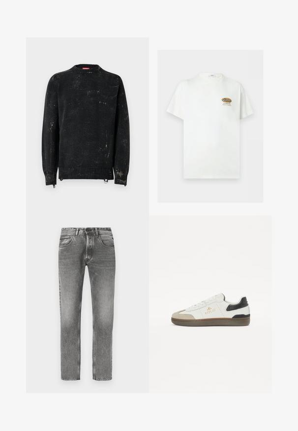 Pull noir en maille avec un col rond, des poignets et un ourlet côtelés. Présente une texture usée avec des marques plus claires. Fermetures éclair latérales pour ajustement.; T-shirt blanc à manches courtes avec petit logo marron et noir « Replay The Denim Goods Superior Standard » sur la poitrine gauche.; Jean en denim gris avec une coupe droite, finition délavée, cinq poches, passants pour ceinture et détails de couture contrastants.; Sneaker blanc et noir en cuir et daim, avec un bout rond, une semelle texturée, un logo doré et un accent de talon contrastant.