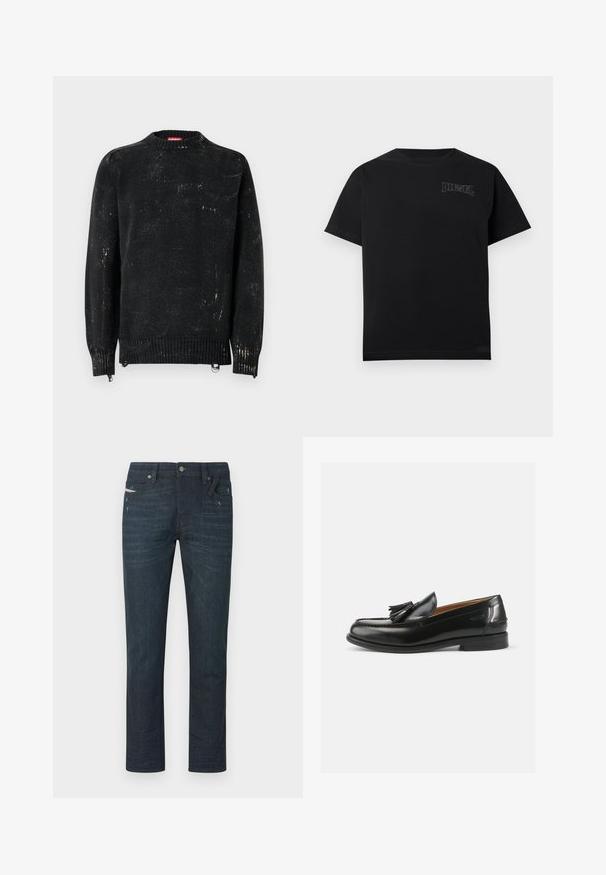 Pull noir en maille avec un col rond, des poignets et un ourlet côtelés. Présente une texture usée avec des marques plus claires. Fermetures éclair latérales pour ajustement.; T-shirt en coton noir à manches courtes et col rond. Présente un logo "DIESEL" brodé en blanc sur le côté supérieur gauche.; Jeans bleu foncé à jambes droites avec un léger effet délavé et des détails d'usure, fermeture frontale par boutons, passants pour ceinture, et cinq poches visibles.; Mocassins en cuir noir avec un accent de gland, un bout arrondi et une finition lisse. La semelle est plate avec un motif de trottoir minimal.