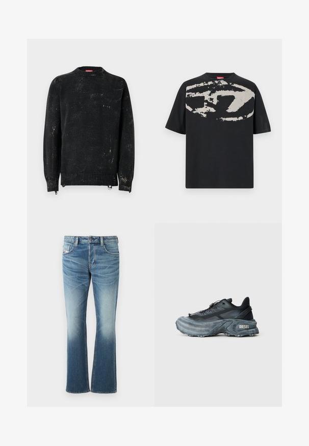 Suéter negro tejido con cuello redondo, puños y dobladillo acanalados. Presenta una textura desgastada con marcas más claras. Cremalleras laterales para ajuste.; Camiseta negra con un gran gráfico abstracto en gris claro en la parte frontal. Mangas cortas y un cuello redondeado clásico. Material de algodón.; Vaqueros de mezclilla azul con un diseño acampanado, presentando un lavado desvaído, cinco bolsillos y costuras contrastantes. Cierre de botón en la cintura.; Zapatilla Diesel en negro y gris con suela gruesa, cierre de cordón y diseño texturizado sobre un fondo liso de color gris claro.