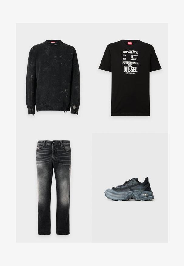 Suéter negro tejido con cuello redondo, puños y dobladillo acanalados. Presenta una textura desgastada con marcas más claras. Cremalleras laterales para ajuste.; Camiseta negra de algodón con gráficos de texto blanco llamativos, que incluyen "DIESEL" e "INDUSTRY", con cuello redondo y mangas cortas.; Jeans negros con acabado desgastado y toques rasgados, diseño estándar de cinco bolsillos y cierre con cremallera. Elaborados en tela de denim.; Zapatilla Diesel en negro y gris con suela gruesa, cierre de cordón y diseño texturizado sobre un fondo liso de color gris claro.