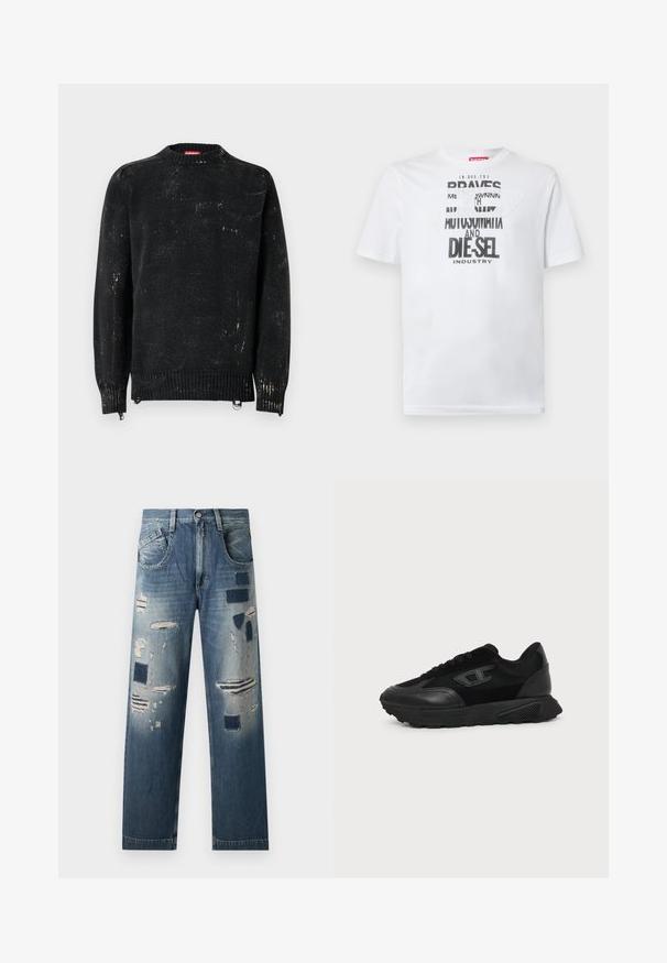 Sort strikket sweater med rund hals, ribbede manchetter og kant. Har en slidte tekstur med lysere mærker. Sidelommer med lynlåse til justering.; Hvid bomulds-T-shirt med fed sort typografi med ordene "BRAVES" og "DIE-SEL INDUSTRY" samt et semi-transparent udskåret design.; Denim jeans med slidte lapper og varierende nuancer af blå, med en lige benudskæring og traditionelt fem-lomme design.; Sort lavt snøresko med struktureret sål, mesh- og læderoverdel, snørebånd foran og et lille præget logo på sidepanelet.