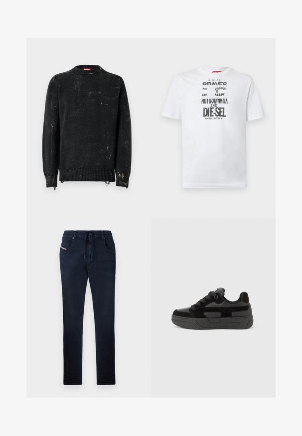 Suéter negro tejido con cuello redondo, puños y dobladillo acanalados. Presenta una textura desgastada con marcas más claras. Cremalleras laterales para ajuste.; Camiseta blanca de algodón con tipografía negra audaz que muestra las palabras "BRAVES" y "DIE-SEL INDUSTRY" y un diseño de recorte semitransparente.; Pantalones azul marino con cintura ajustable, corte recto, dos bolsillos frontales y un sutil detalle de logo en el bolsillo izquierdo. Textura suave.; Zapatilla negra con una mezcla de materiales lisos y texturizados, que presenta una puntera redondeada, suela gruesa y cierre de cordones. Diseño minimalista con detalles.