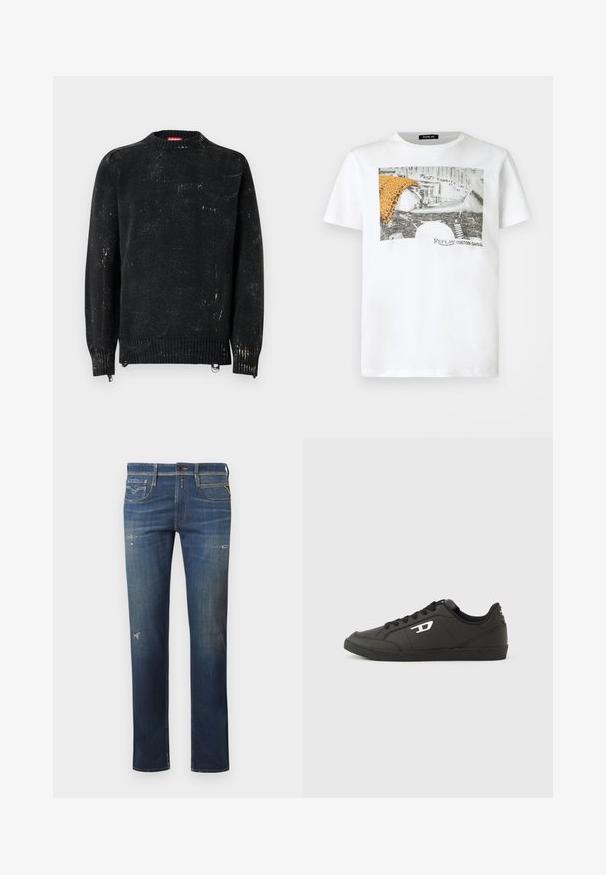 Sort strikket sweater med rund hals, ribbede manchetter og kant. Har en slidte tekstur med lysere mærker. Sidelommer med lynlåse til justering.; Hvid T-shirt med korte ærmer med sort-hvidt motorcykelmotiv, orange leopardmønstret stof og teksten "Replay Custom Garage" på forsiden.; Mørkeblå denim jeans med lige ben, med slidte områder, subtile falmninger og traditionelt fem-lommes design med knaplukning.; Sorte syntetiske sneakers med en struktureret sort sål, rund tå og flade sorte snørebånd. Fremtrædende hvidt logo på ydersiden.