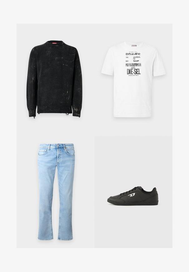 Sort strikket sweater med rund hals, ribbede manchetter og kant. Har en slidte tekstur med lysere mærker. Sidelommer med lynlåse til justering.; Hvid kortærmet Diesel T-shirt med sort og hvidt grafisk tekst og logo foran, rund halsudskæring og rød logomærke på sidesømmen.; Lyseblå denimjeans har en lige ben-design, fem lomme-styling og en knaplukning. Stoffet har en glat tekstur med falmede accenter.; Sorte syntetiske sneakers med en struktureret sort sål, rund tå og flade sorte snørebånd. Fremtrædende hvidt logo på ydersiden.