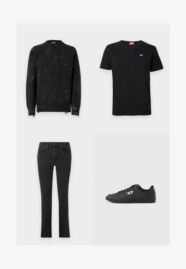 Pull noir en maille avec un col rond, des poignets et un ourlet côtelés. Présente une texture usée avec des marques plus claires. Fermetures éclair latérales pour ajustement.; T-shirt noir à manches courtes en coton avec un col rond. Présente un petit patch de marque sur la partie gauche de la poitrine.; Jeans noirs en denim avec une coupe ajustée. Comprend cinq poches, des passants de ceinture et une fermeture éclair à l'avant avec un bouton. Texture lisse.; Baskets synthétiques noires avec une semelle noire texturée, un bout rond et des lacets plats noirs. Logo blanc remarquablement placé sur le côté extérieur.