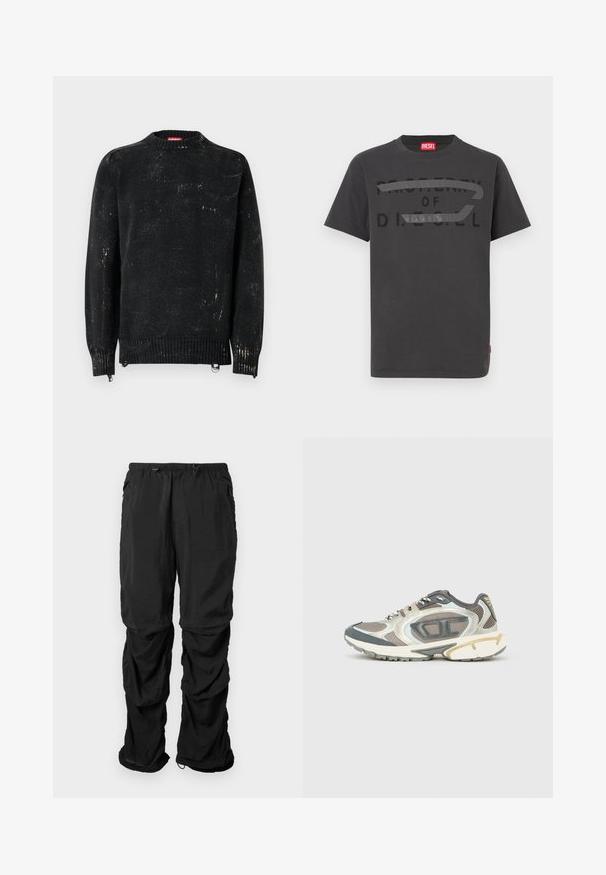 Suéter negro tejido con cuello redondo, puños y dobladillo acanalados. Presenta una textura desgastada con marcas más claras. Cremalleras laterales para ajuste.; Camiseta de algodón gris con texto negro en negrita que dice "PROPIEDAD DE D.I.E.S.E.L.", textura suave y mangas cortas.; Pantalones de utilidad negros de tejido ligero, con cintura elástica, cordones ajustables y bolsillos laterales, presentan un corte relajado.; Zapatillas deportivas en materiales gris, blanco y beige que cuentan con una parte superior de malla, suela gruesa y detalles texturizados. Detalles reflectantes en los lados.