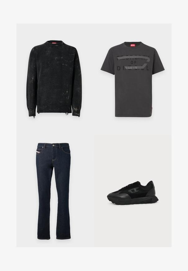 Pull noir en maille avec un col rond, des poignets et un ourlet côtelés. Présente une texture usée avec des marques plus claires. Fermetures éclair latérales pour ajustement.; T-shirt en coton gris avec un texte noir audacieux indiquant "PROPERTY OF D.I.E.S.E.L.", à la texture lisse et manches courtes.; Jean en denim bleu marine à coupe droite, avec des coutures orange, une fermeture à bouton en métal et un petit logo sur la poche arrière.; Baskets basses noires avec semelle texturée, dessus en mesh et cuir, fermeture à lacets devant, et petit logo embossé sur le panneau latéral.