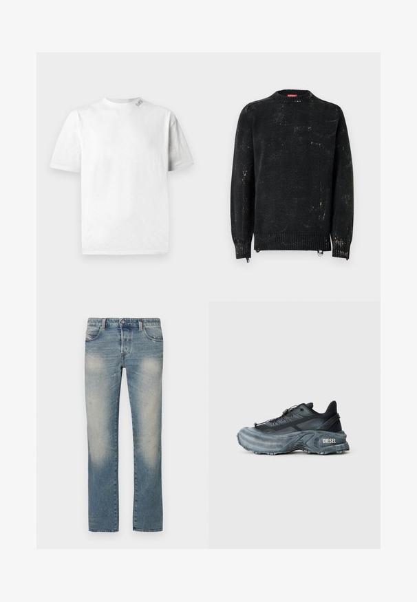 Sort strikket sweater med rund hals, ribbede manchetter og kant. Har en slidte tekstur med lysere mærker. Sidelommer med lynlåse til justering.; Hvid kortærmet T-shirt med rund halsudskæring, der har en subtil tekstur og en lille logo-detail på venstre skulder.; Lyseblå denim jeans med lige ben, falmede områder, fem lommer og knaplukning. Stoffet viser let slid og brugsmærker.; Sort og grå Diesel sneakers med tyk sål, snørrebåndslukning og tekstureret design på en ensfarvet lysegrå baggrund.