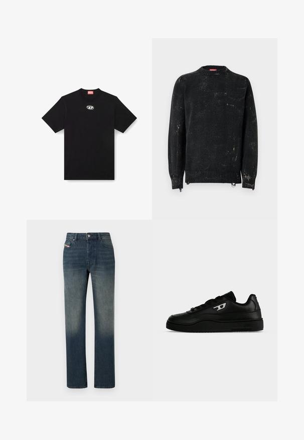 Suéter negro tejido con cuello redondo, puños y dobladillo acanalados. Presenta una textura desgastada con marcas más claras. Cremalleras laterales para ajuste.; Camiseta de algodón negra con cuello redondo y mangas cortas. Presenta un pequeño logotipo plateado bordado en el centro del frente.; Vaqueros de mezclilla azul de pierna recta con lavado desvanecido, cierre frontal con botón y cremallera, y diseño de cinco bolsillos.; Zapatilla negra de perfil bajo con suela gruesa, cordones delanteros y un pequeño logo blanco "D" en el lateral, mostrada sobre un fondo blanco liso.