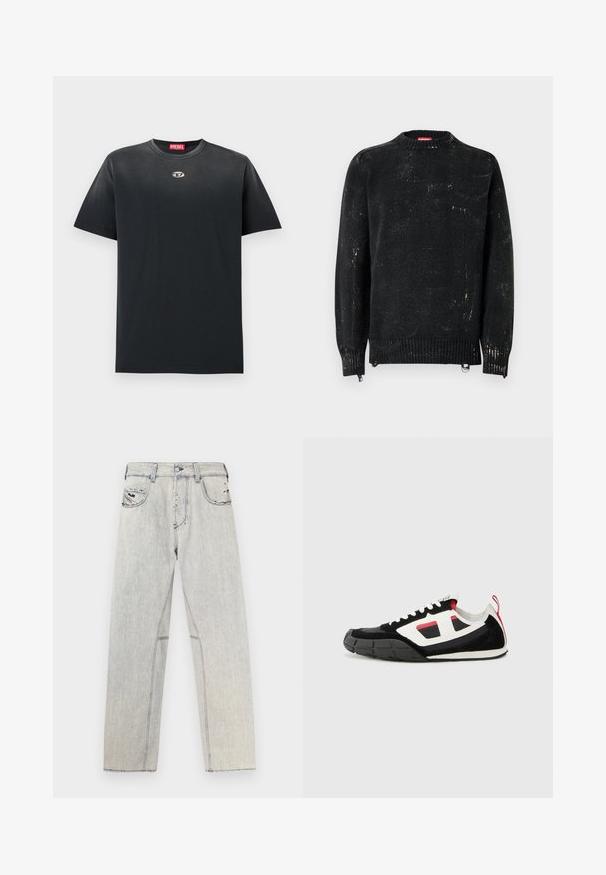 Suéter negro tejido con cuello redondo, puños y dobladillo acanalados. Presenta una textura desgastada con marcas más claras. Cremalleras laterales para ajuste.; Camiseta de algodón negra con cuello redondo, corte holgado, mangas cortas y un pequeño logo plateado en el pecho. Textura suave, diseño minimalista.; Vaqueros de mezclilla azul claro con corte recto, con costuras contrastantes, dos bolsillos frontales y detalles desgastados en la tela.; Diesel S PAGODHA LOW - Zapatillas - black