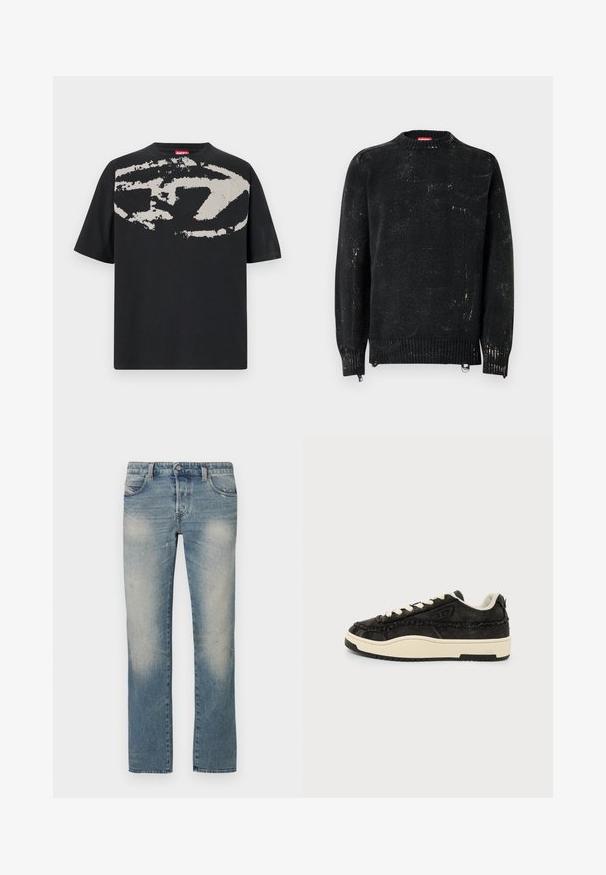 Sort strikket sweater med rund hals, ribbede manchetter og kant. Har en slidte tekstur med lysere mærker. Sidelommer med lynlåse til justering.; Sort t-shirt med et stort, abstrakt lys grå grafik foran. Korte ærmer og en klassisk rund halsudskæring. Materialet er bomuld.; Lyseblå denim jeans med lige ben, falmede områder, fem lommer og knaplukning. Stoffet viser let slid og brugsmærker.; Sort lavtop sneaker med cremefarvet sål og snørebånd, slidte stofdetaljer og polstret krave på hvid baggrund.