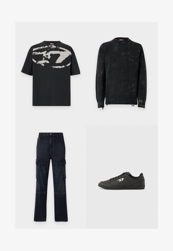 Sort strikket sweater med rund hals, ribbede manchetter og kant. Har en slidte tekstur med lysere mærker. Sidelommer med lynlåse til justering.; Sort t-shirt med et stort, abstrakt lys grå grafik foran. Korte ærmer og en klassisk rund halsudskæring. Materialet er bomuld.; Mørke denim cargo bukser med en afslappet pasform, der har to sidelommer, knæpaneler og kontrastsyning. Metallic knaplukning i taljen.; Sorte syntetiske sneakers med en struktureret sort sål, rund tå og flade sorte snørebånd. Fremtrædende hvidt logo på ydersiden.
