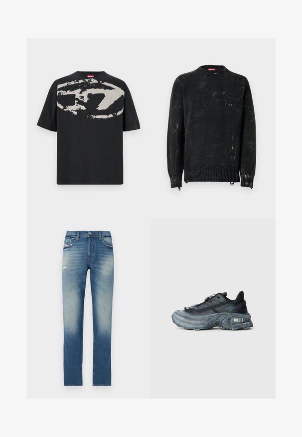 Sort strikket sweater med rund hals, ribbede manchetter og kant. Har en slidte tekstur med lysere mærker. Sidelommer med lynlåse til justering.; Sort t-shirt med et stort, abstrakt lys grå grafik foran. Korte ærmer og en klassisk rund halsudskæring. Materialet er bomuld.; Blå denim jeans med lige ben design, featuring lys udvaskning, en lille slidtegn foran, og standard fem-lomme styling.; Sort og grå Diesel sneakers med tyk sål, snørrebåndslukning og tekstureret design på en ensfarvet lysegrå baggrund.