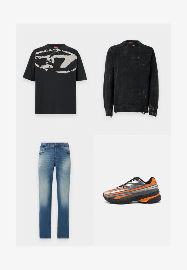 Sort strikket sweater med rund hals, ribbede manchetter og kant. Har en slidte tekstur med lysere mærker. Sidelommer med lynlåse til justering.; Sort t-shirt med et stort, abstrakt lys grå grafik foran. Korte ærmer og en klassisk rund halsudskæring. Materialet er bomuld.; Blå denim jeans med lige ben design, featuring lys udvaskning, en lille slidtegn foran, og standard fem-lomme styling.; Sportsko med en sølv- og sort mesh-overdel, orange detaljer, tekstureret sål, kontrasterende striber og sorte snørebånd.